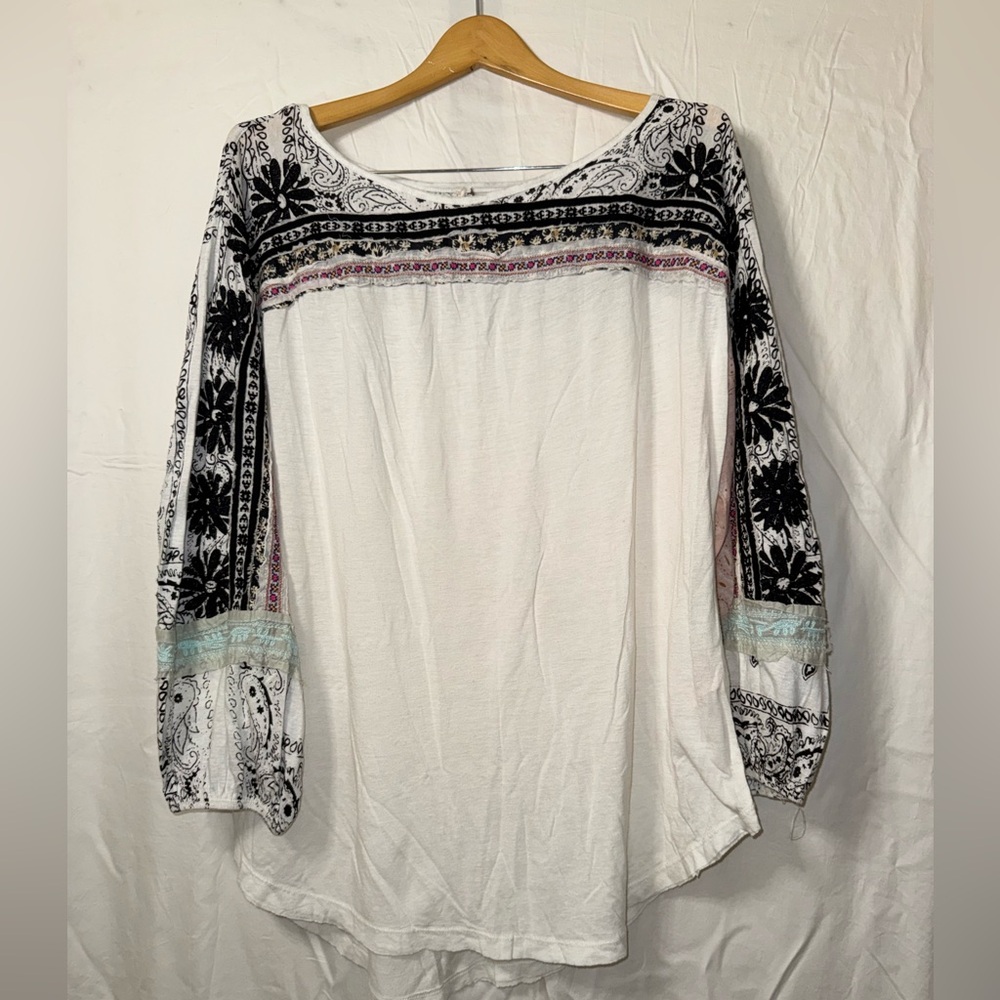 Free People White and Black Patterned Blouse